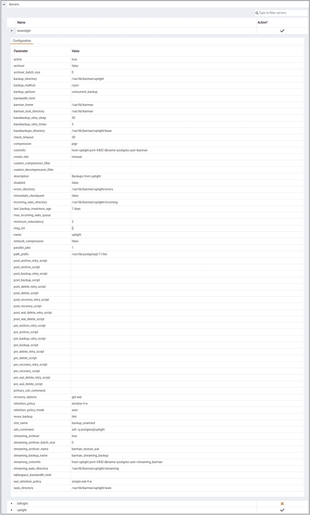 BARMAN dashboard - Servers panel