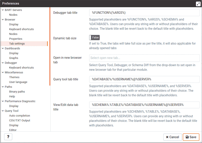 Preferences dialog browser properties section